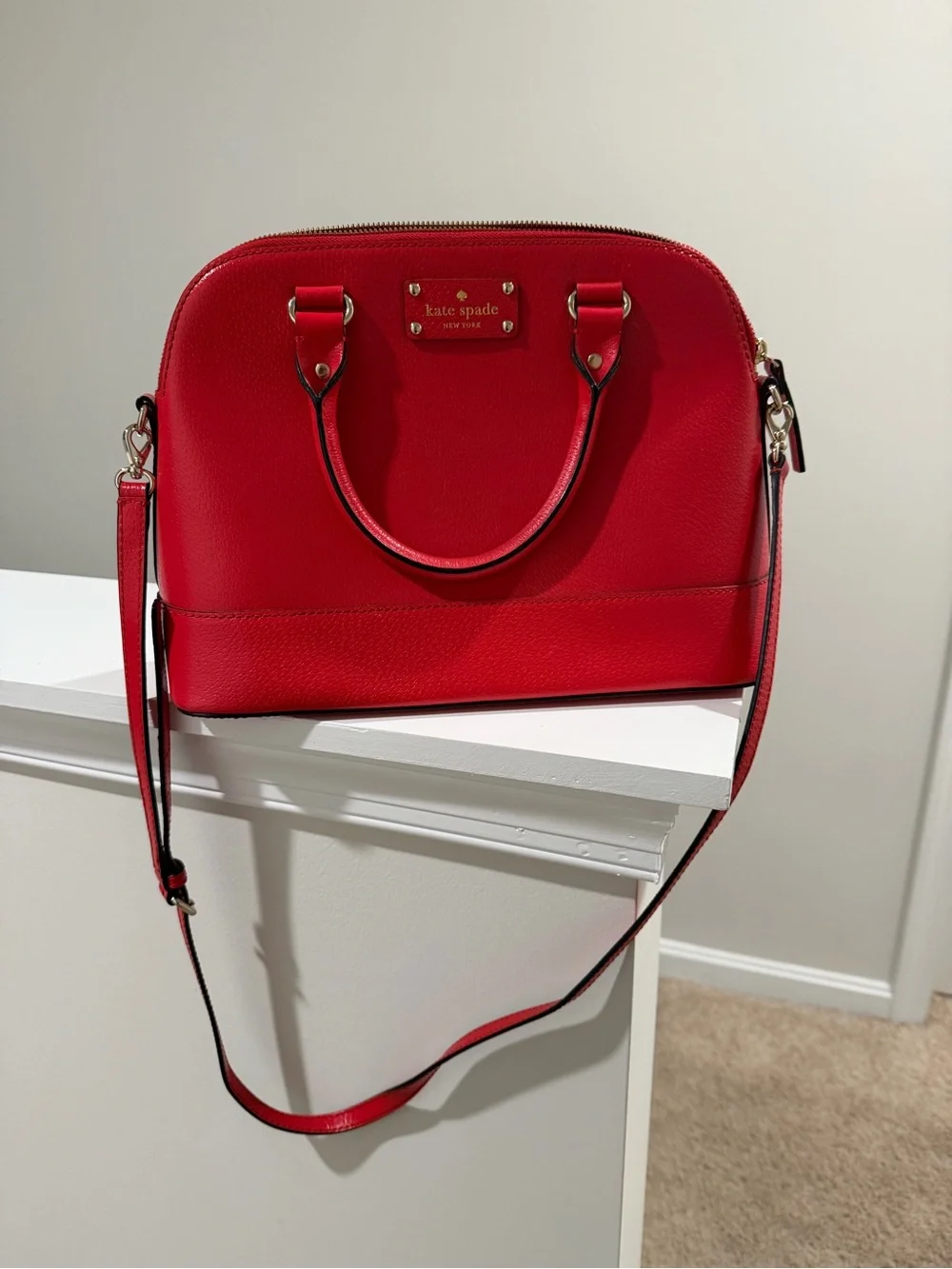 kate spade Red Pebbled Leather Dome Satchel with Crossbody Strap